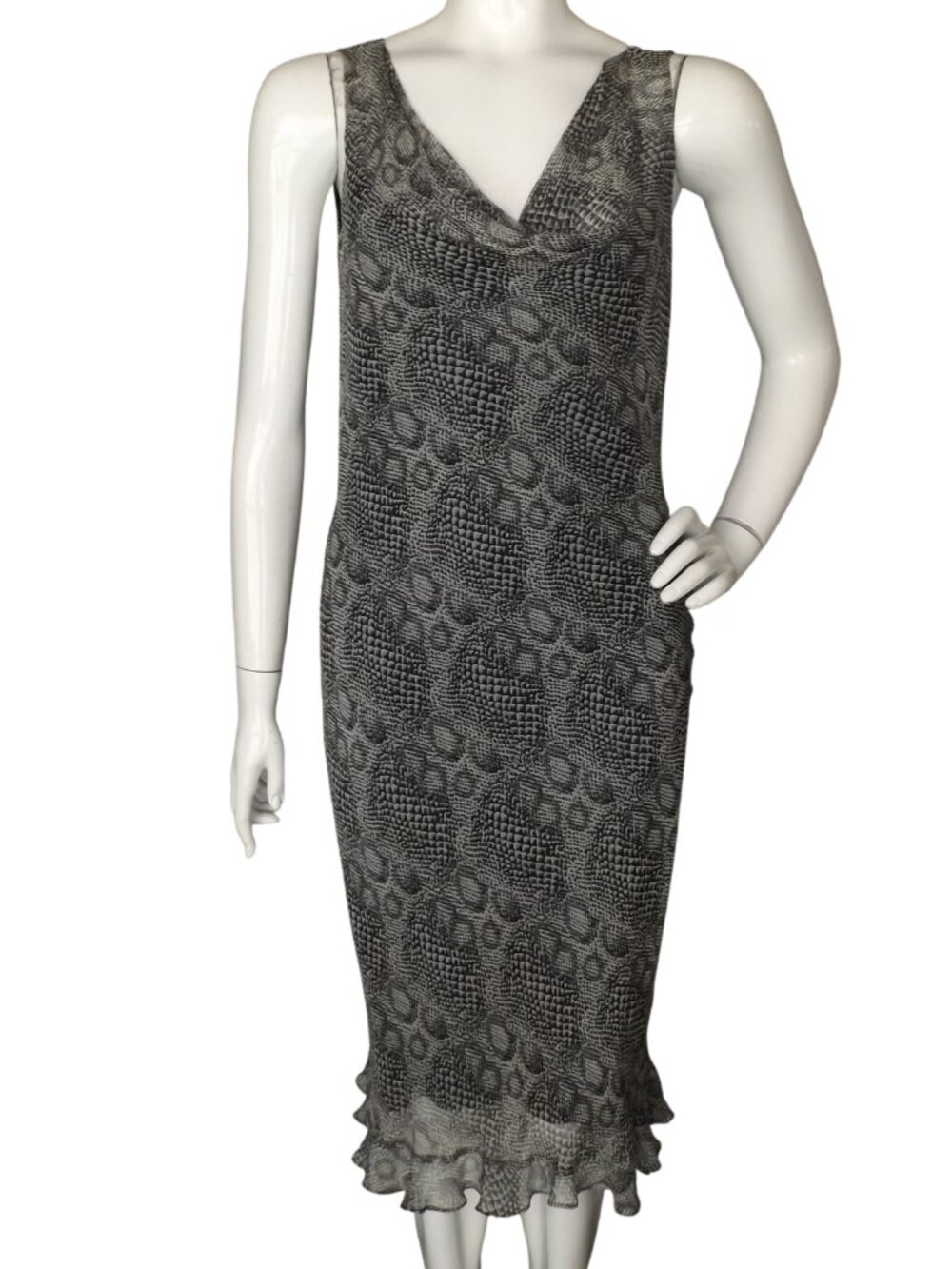 PHILIP DICAPRIO Silk Dress, 10, Snakeskin Black/Gray, Ruffle hem, Drape neck
